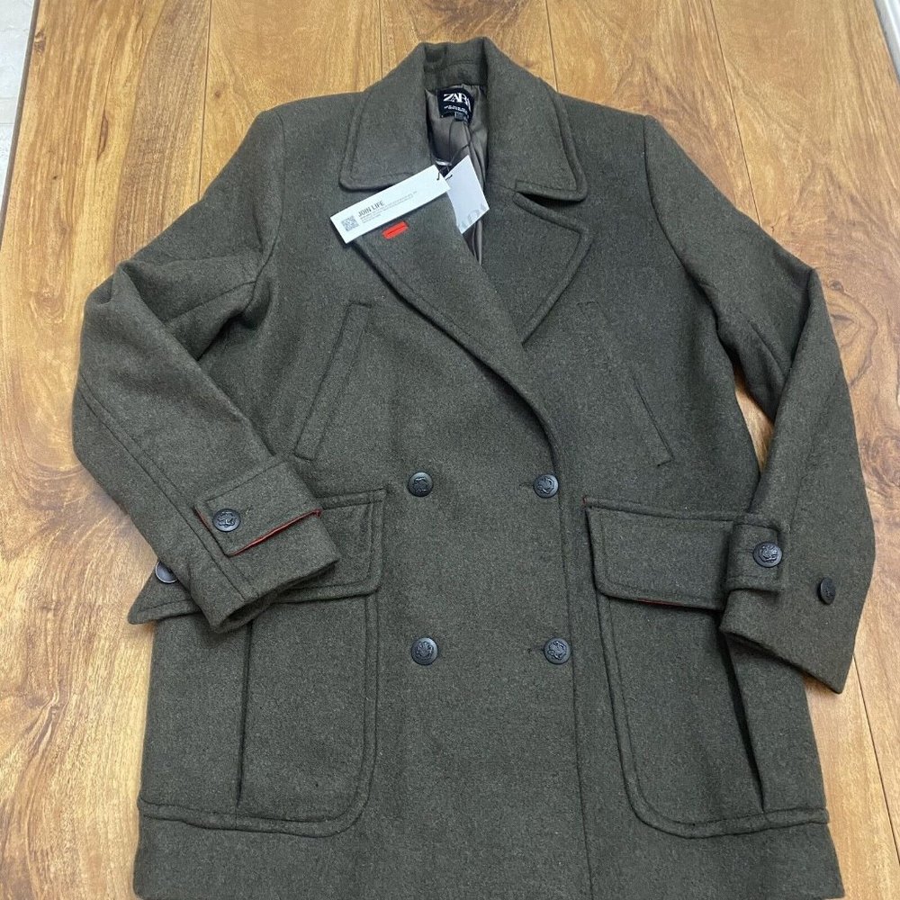 Zara Olive Pea Coat Black Metal Button Size XS NWT